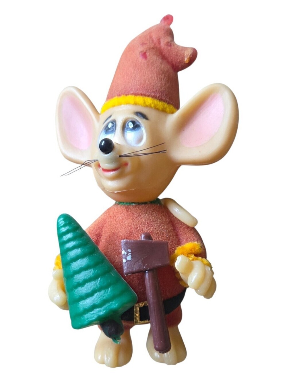 Vintage 1979 Jasco Merry Mice Flocked Mouse Elf with tree Christmas Ornament